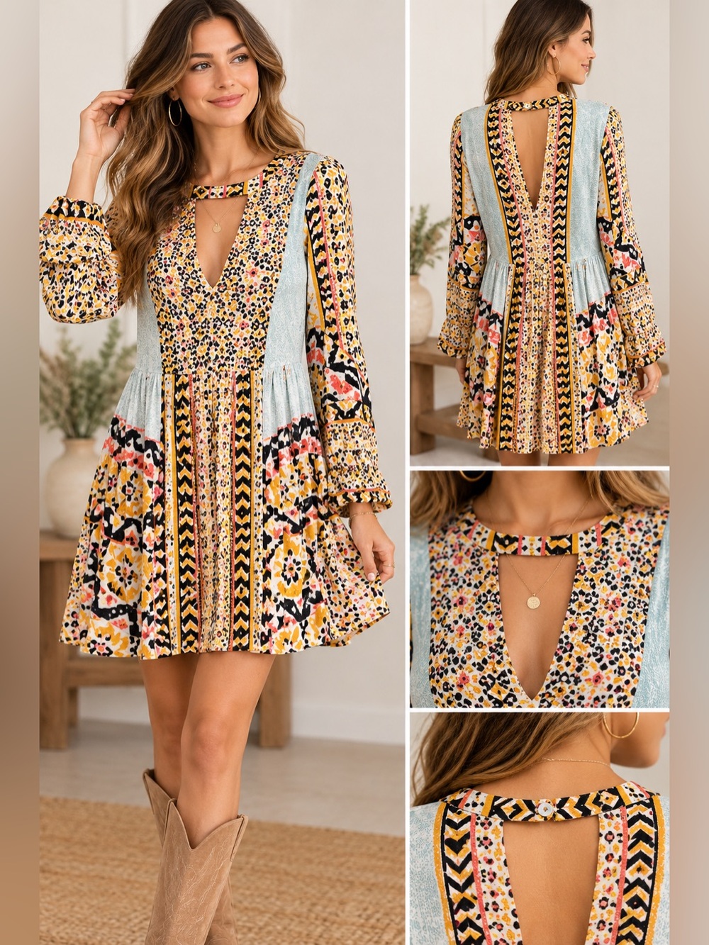 Free People Boho Mixed Print Long Sleeve Mini Dress Size 0 XS